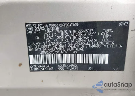 2007 Toyota Rav4 z USA, uszkodzony, nr VIN JTMBD33V076054458